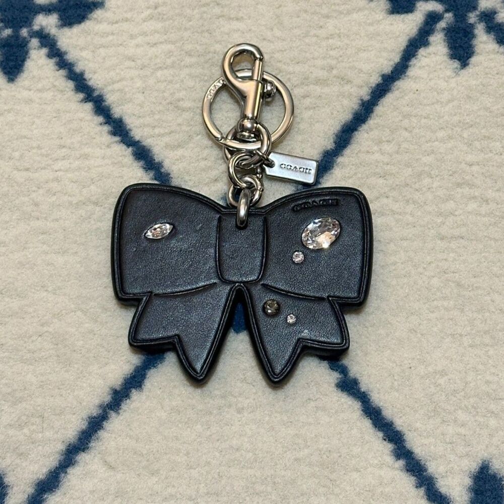Coach Bow Leather Rhinestone Keychain Purse Charm Collectible - Black